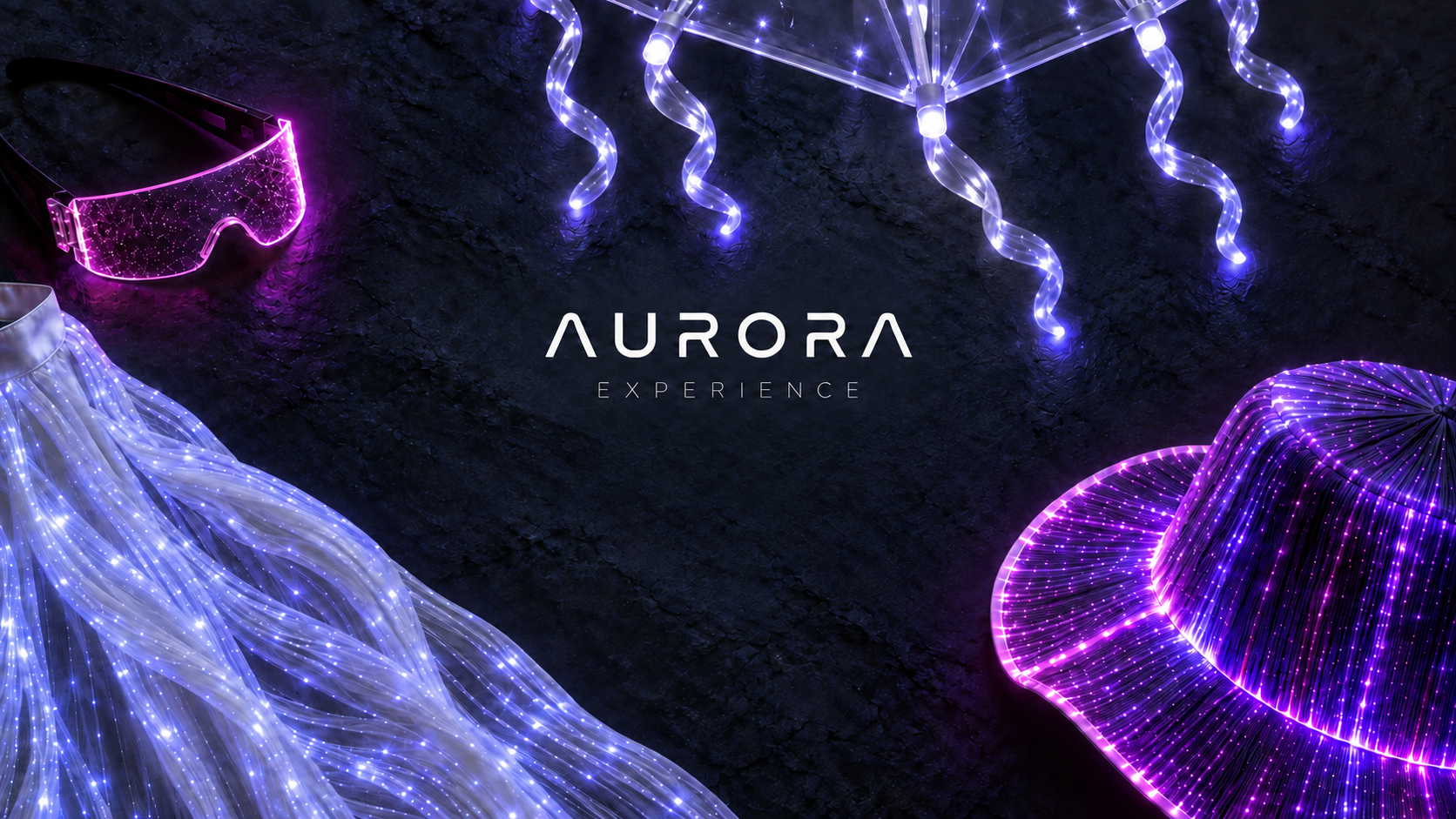 AURORA EXPERIENCE — משקפיים, בגדים, כובע ומטרייה מוארים בגווני סגול ולבן על רקע כהה